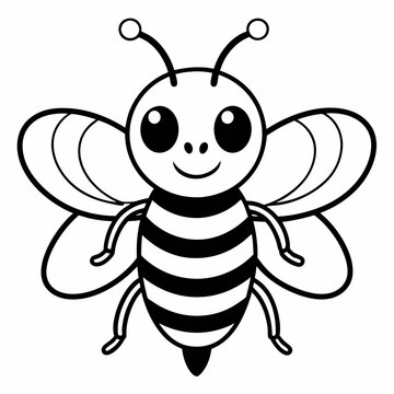 Cute cartoon bee with big eyes and a happy smile, black and white illustration on a plain background, simple and playful design