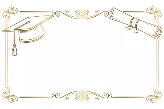 Certificate border features a gold line illustration of a graduation cap and a scroll for elegant document framing.
