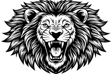 Obraz premium A fierce lion's head with an open mouth and sharp teeth, showcasing its powerful roar in a black and white illustration.