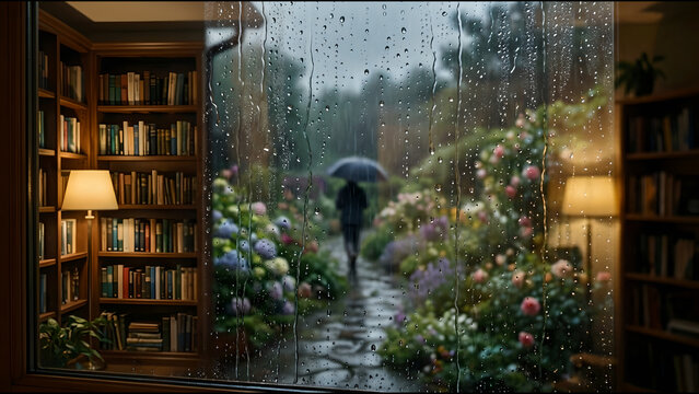 Rain Window Blurred Figure Umbrella Garden 3D Spring Moody Interior Adobe Stock