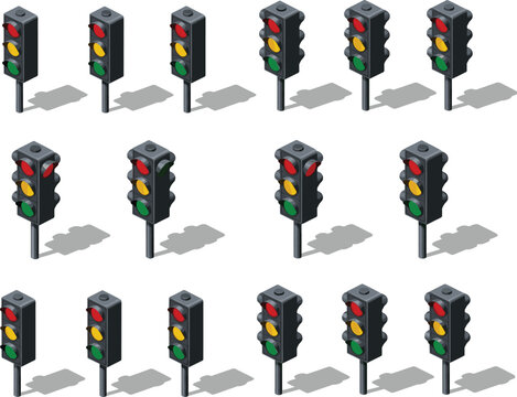 Set of Isometric Traffic Lights with Red, Yellow, and Green Signals for Road Safety, Transportation, and Urban Planning
