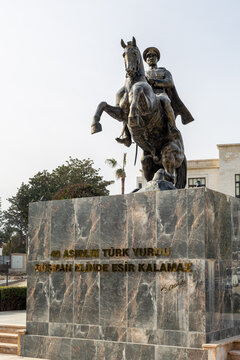 Bronze Ataturk Monument in Hatay on a marble base. Historic statue of Mustafa Kemal Ataturk on horseback in Antakya city square. Antakya, Hatay, T&uuml;rkiye - January 23, 2026.