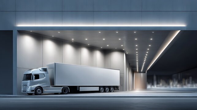 Modern truck parked in an illuminated loading dock area.