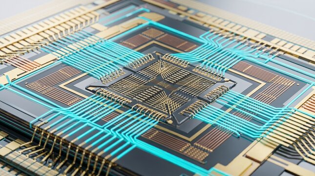 Abstract extreme close up of quantum computing semiconductor silicon wafer reflecting laser lights