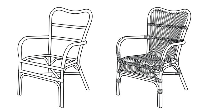 Line drawing of two rattan chairs side and perspective views