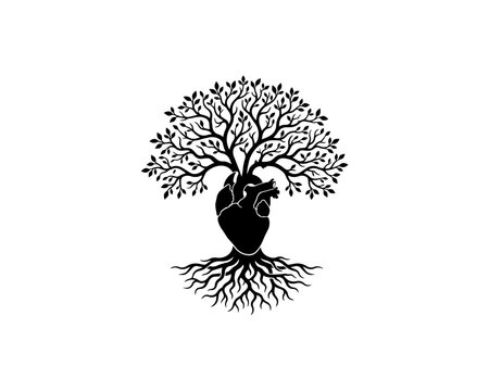 Black tree silhouette with roots on white background