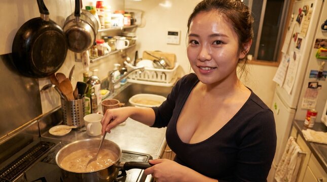 Smiling Asian woman cooking a hot meal on a stove in a cozy domestic kitchen