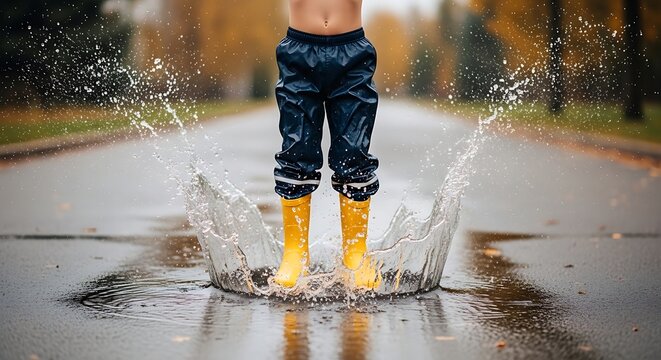 Child jumping in puddle wearing bright yellow rain boots