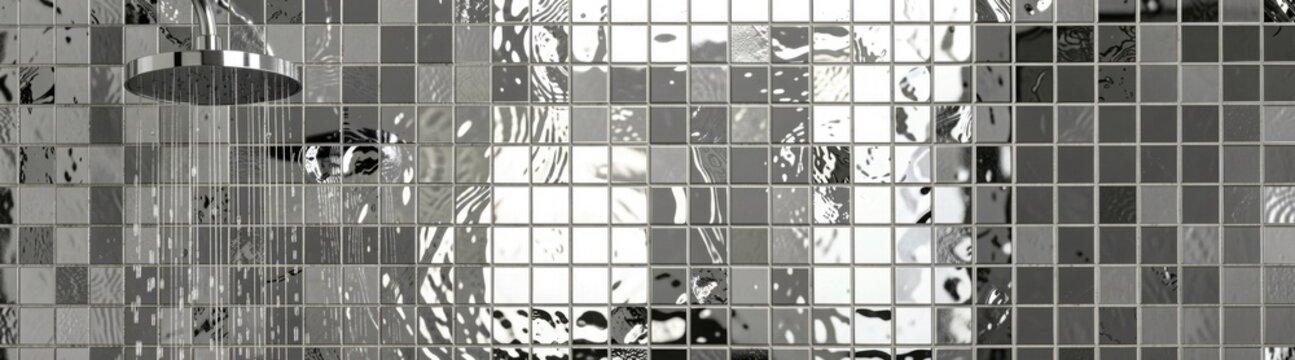 Glossy mirror-like silver square mosaic with water light patterns, modern industrial bathroom, reflective wet wall