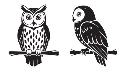Obraz premium Stylized black and white vector illustration of two distinct owls, one front-facing and one side-profile, perched on tree branches, isolated.