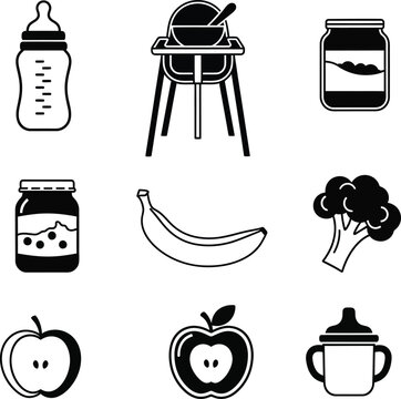 Baby food including bottle chair jar baby food bottle jar with fruit banana broccoli apple core and sippy cup