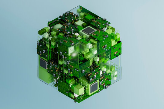 3D green circuit cube with transparent grid structure