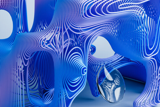 3D blue tube landscape with flowing curves and hollow forms