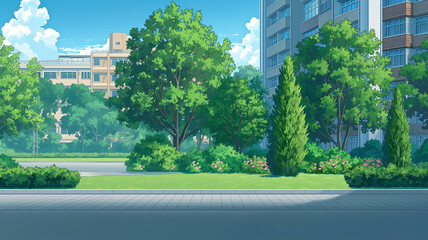 Fototapeta premium 都市と自然が融合した公園の穏やかな風景を描いたイラスト素材で、散歩や休憩に適した開放的な空間と樹木やベンチが並ぶ癒しの環境を表現する背景コンテンツ