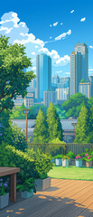 Naklejka premium 都市の公園で過ごす穏やかな日常を表現したイラスト素材で、散歩やリフレッシュ、休憩の時間を感じさせる樹木やベンチが並ぶ癒しの背景コンテンツ