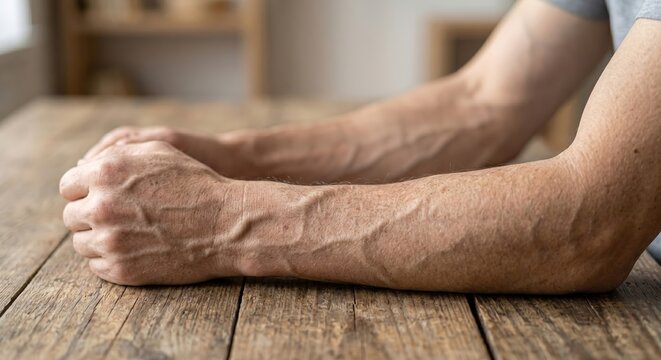 Close-up of a person's forearms showing prominent veins on a wooden surface