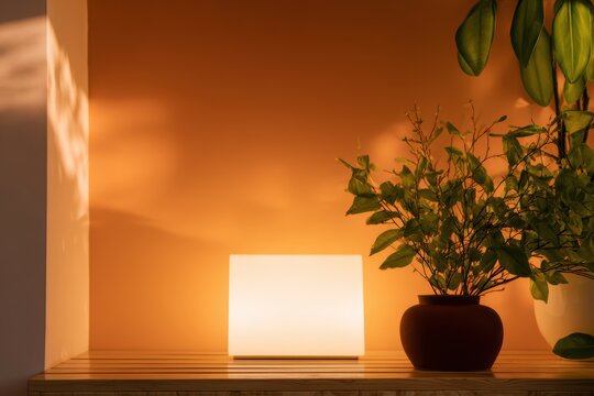 モダンな空間の棚に光と植物の配置