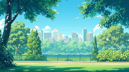 Naklejka premium 街中に広がる自然豊かな公園の風景を描写したイラスト素材で、散歩や憩いの時間を感じさせる穏やかな雰囲気と植栽や遊歩道の調和が美しい背景ビジュアルコンテンツ
