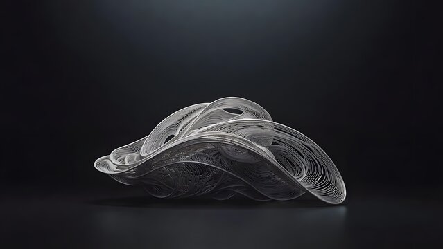 Minimalist silver metal wire sculpture with complex interwoven looping fluid structures.