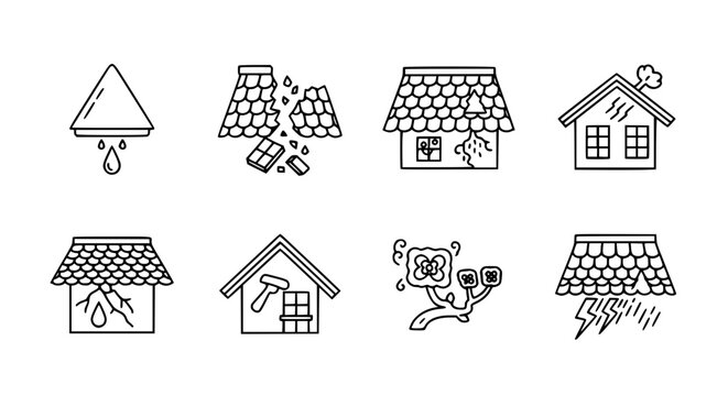 Solar Panel Damage and Issue Icon Set with Broken Panels Wind Damage and House Rooftop Problems in Clean Outline Style