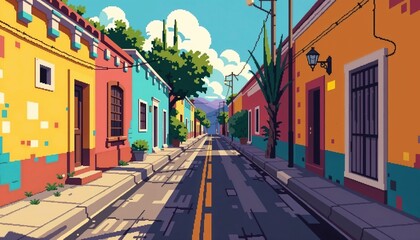 Naklejka premium Colorful pixel art street in Mexico showcasing vibrant buildings and clear skies