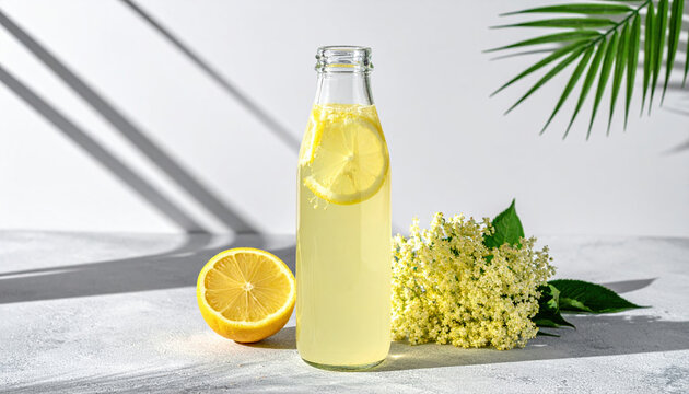 Functional beverages summer. Lemonade in glass bottle with lemon slices and elderflower on sunny surface. Refreshing and natural