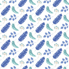 Seamless botanical pattern with large blue banana leaves, teal monstera leaves, clusters of blue foliage, and beige stems with green buds on white background, decorative design for textiles © Lipitorika
