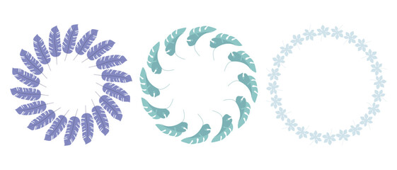 Three circular wreaths of stylized botanical elements purple leaves, teal tropical foliage, and light blue flowers, decorative frames perfect for invitations, posters, and seasonal artwork © Lipitorika