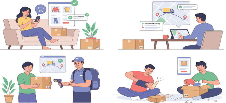People shopping online, tracking shipments, receiving and unpacking parcels in a series of steps flat vector illustration