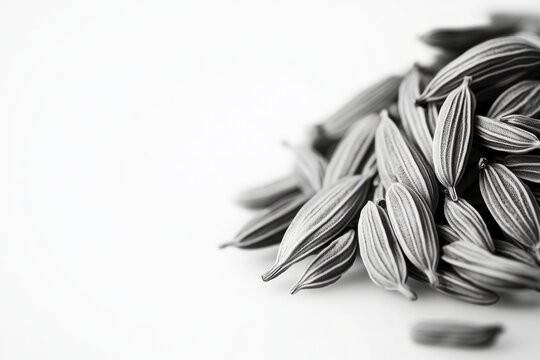 Close-up of a pile of striped cumin seeds on a soft, neutral background, showcasing their unique texture.