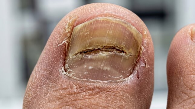 Close-up of a human toe affected by severe fungal nail infection, showing discoloration and damage