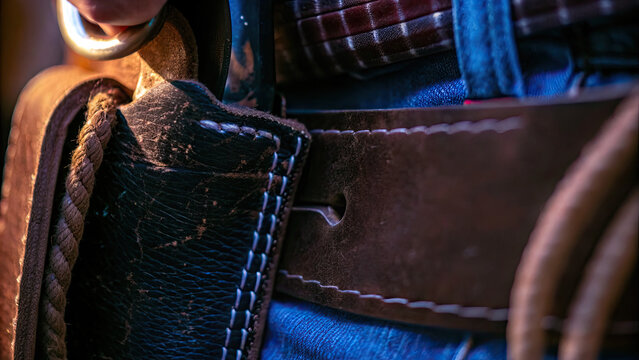 Line dancing in boots and jeans on wooden floor concept. A close-up of a leather belt holster worn by an individual.