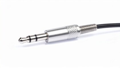 Fototapeta premium Detailed view of a silver 3.5mm TRS audio jack with textured grip and black cable