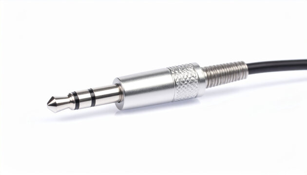 Detailed view of a silver 3.5mm TRS audio jack with textured grip and black cable