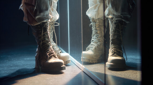 Line dancing in boots and jeans on wooden floor concept. A close-up of military boots reflecting on a mirrored surface.