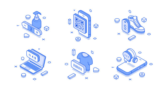 Isometric vector illustration icon collection for online shopping. Features blue line art symbols for e-commerce, mobile payment, customer review, digital marketing, and tech support services