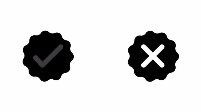 Approval and rejection badge animation, check mark and cross symbols representing validation decision and user interface feedback system, isolated with white background and green screen chroma key