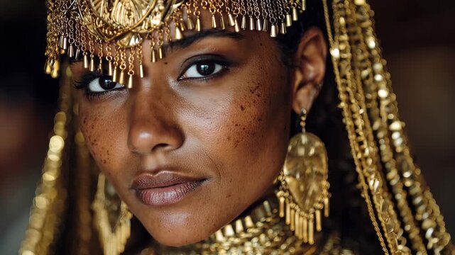 Beautiful Egyptian young woman in traditional attire with golden accessories during a cultural gathering in Egypt