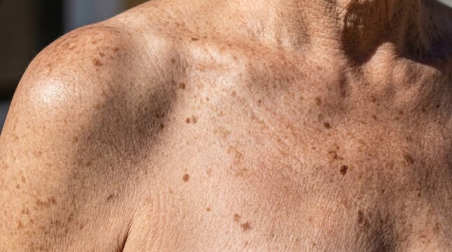 Close-up view of a senior's sun-damaged skin showing age spots and hyperpigmentation