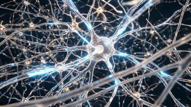 4K Cinematic Animation of a Vast Neural Network with Pulsing Energy Connections.