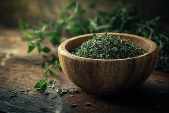 Dried oregano leaves in a wooden bowl, showcasing earthy tones and natural textures.
