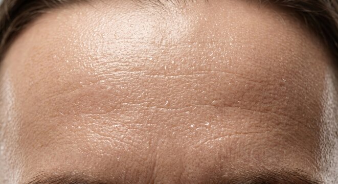 Forehead covered in perspiration from heat or strenuous exercise, showing individual sweat beads and skin texture
