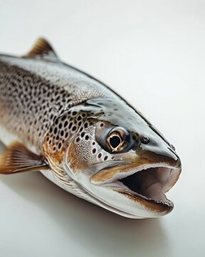 A fresh, glistening brown trout showcasing intricate patterns and a wide open mouth against a light background.