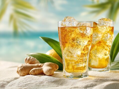 Refreshing iced ginger ale drinks on tropical beach