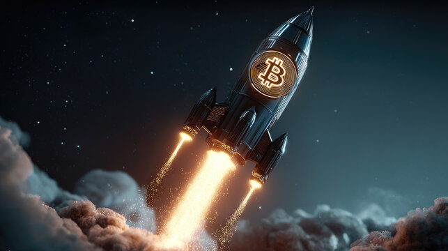 Bitcoin coin launched from crypto rocket concept. A futuristic rocket launching into space with Bitcoin symbol.