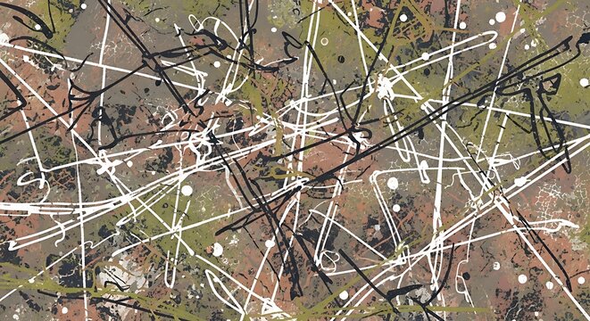 "Abstract chaotic composition with white intersecting lines and geometric scratches over a textured dark background of earthy brown, green, and black tones. Modern abstract art style with random criss