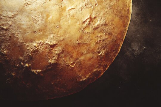 Close-up view of a celestial body with a textured golden surface, showcasing craters and an otherworldly ambiance.