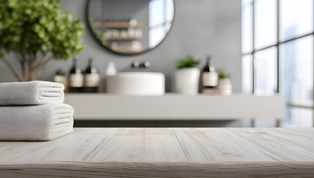 Empty wooden table with blurred modern bathroom background.
