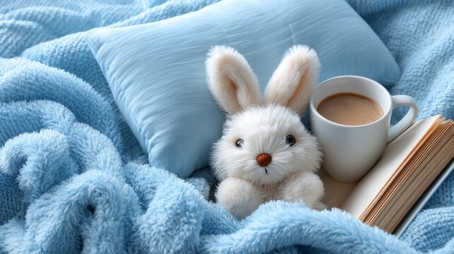 Cozy bedroom setup with plush bunny, book, and cup of coffee