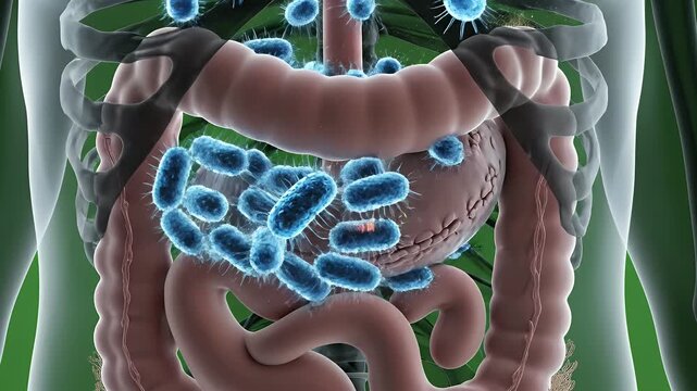 3D CGI Illustration of Human Torso Showing Contaminants in Gastrointestinal Tract Against Green Background